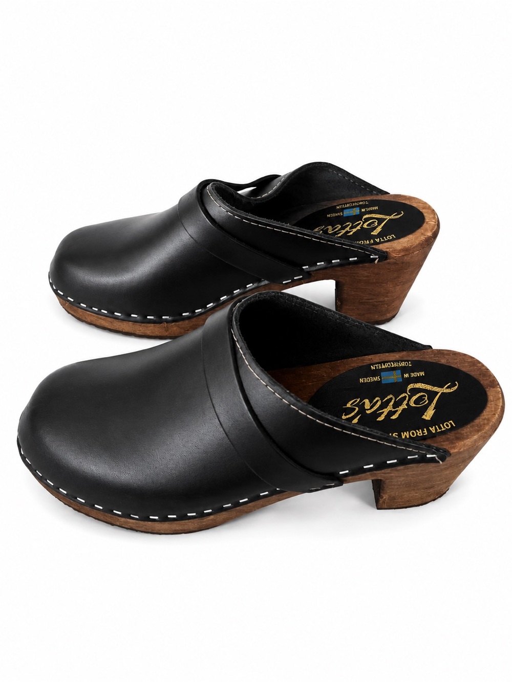 Lotta from Stockholm Classic Black Leather Swedish Clogs Size 39 US 8.5-9